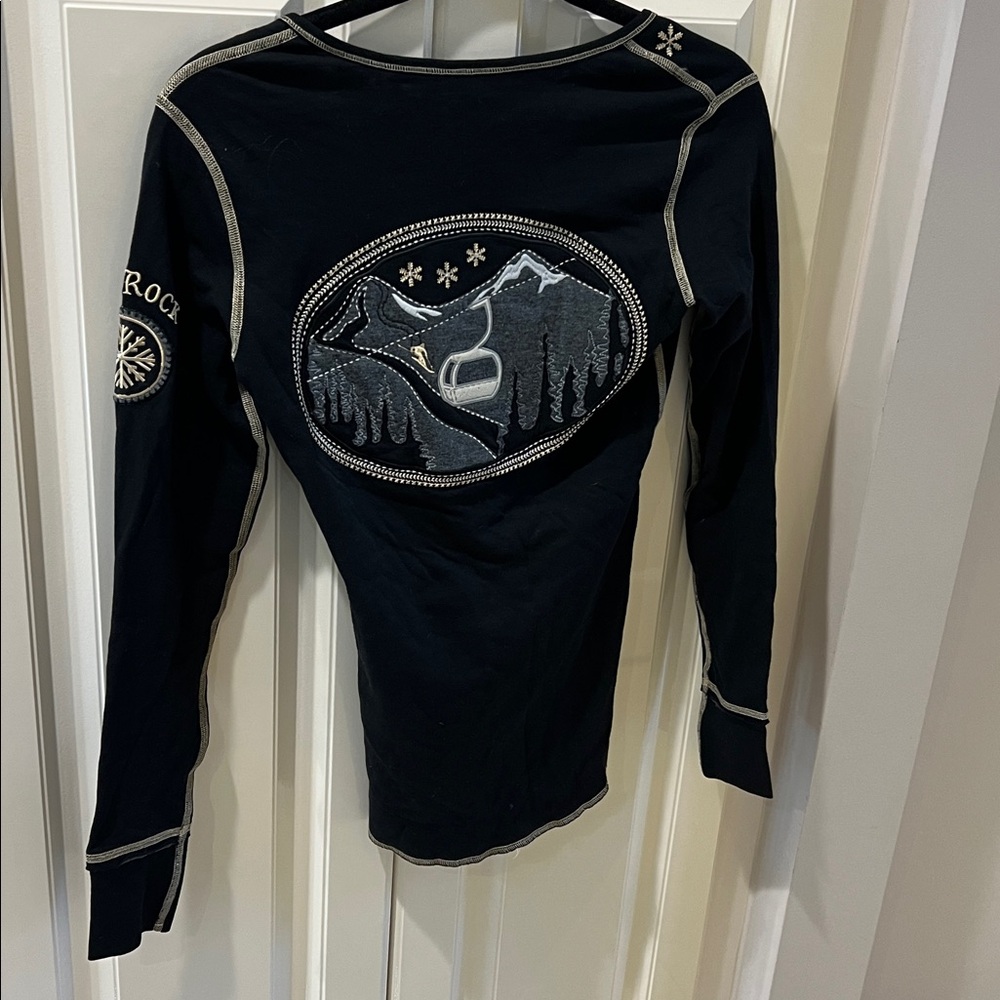 NWT Alp N Rock Black Long Sleeve Luxe Henley with mountains & ski lift gondola - Picture 6 of 9